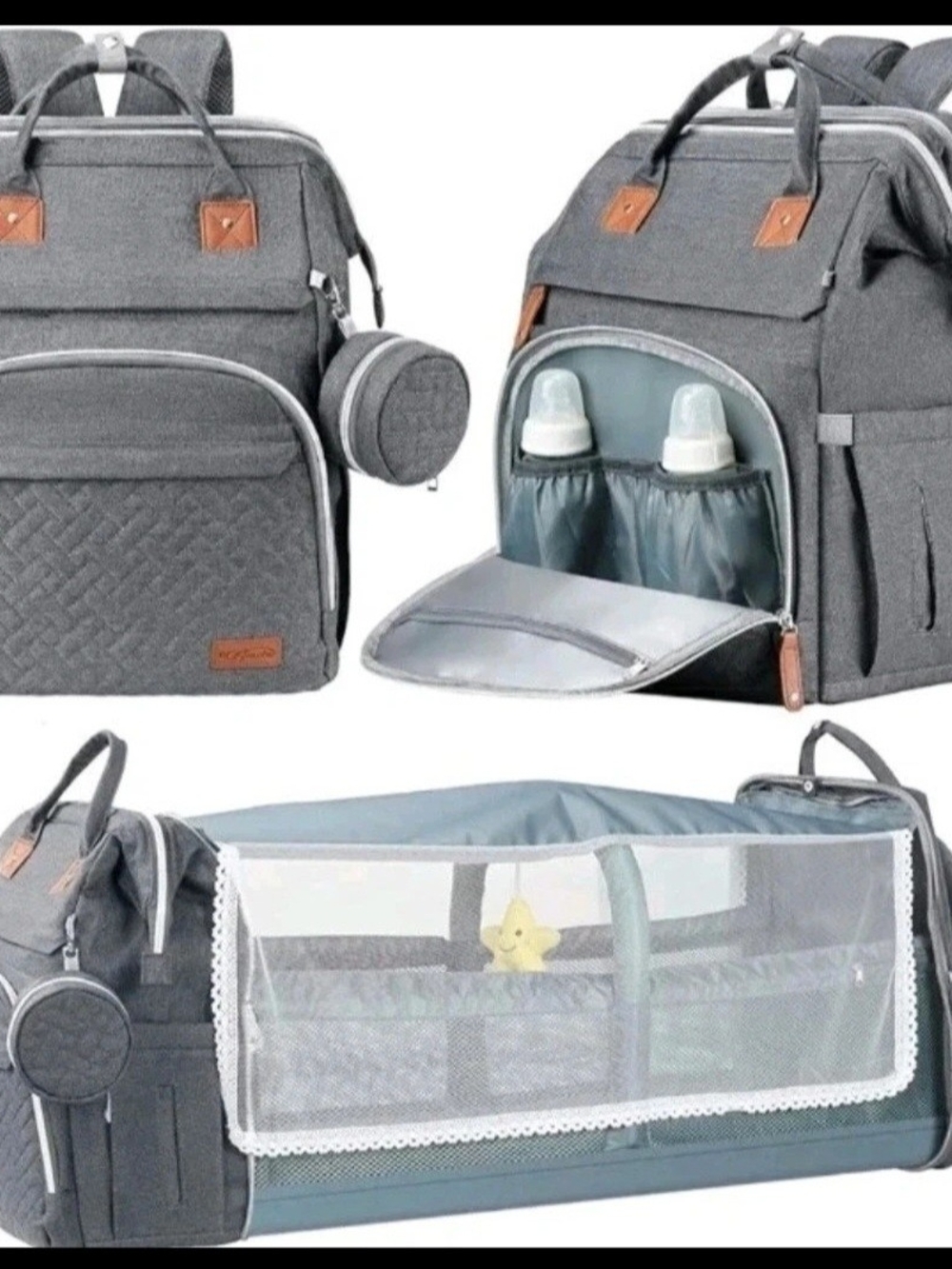 Multi-Function Grey Diaper Bag Backpack with Portable Bassinet
